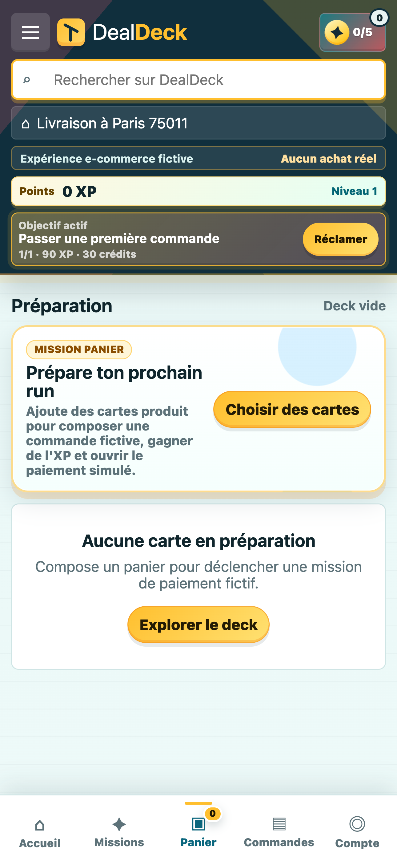Panier fictif dans l'application mobile