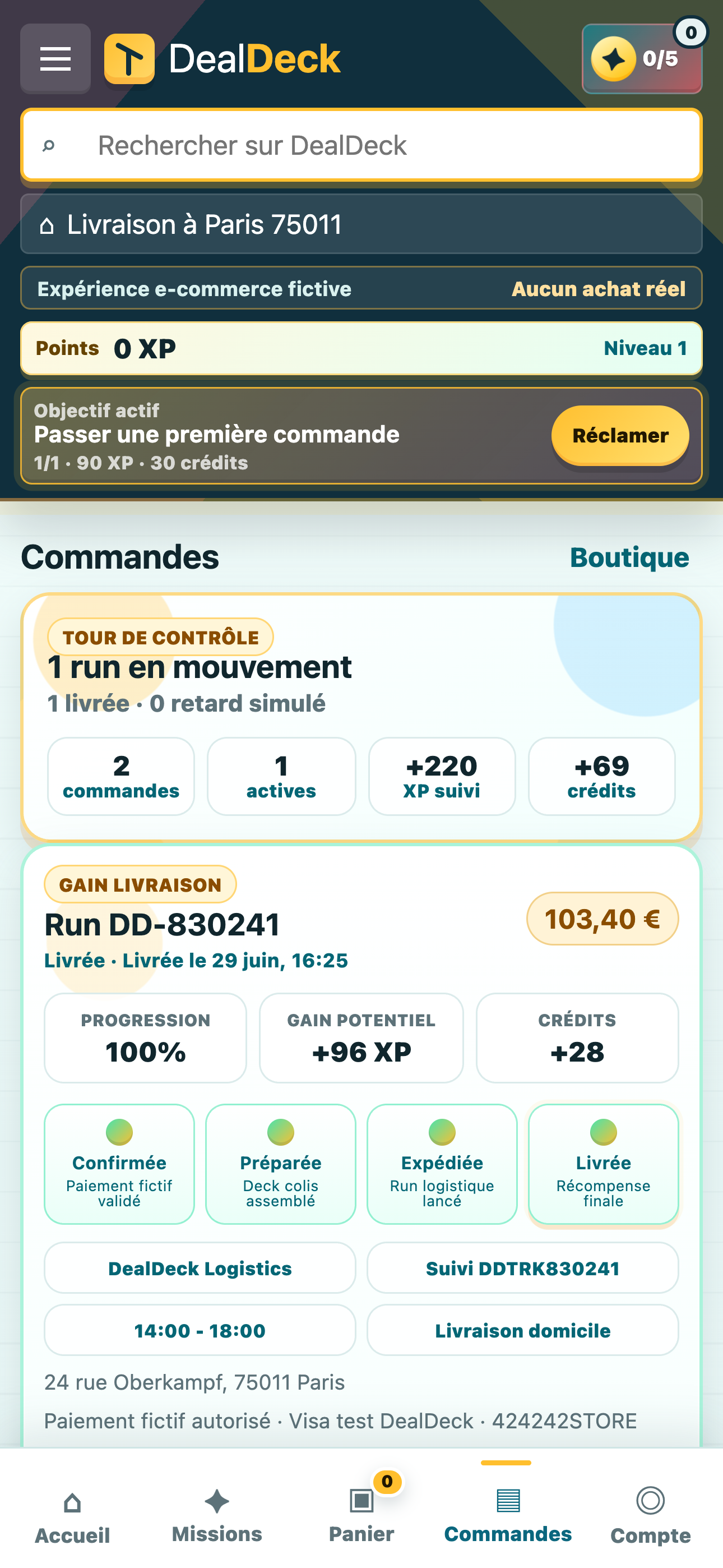 Suivi de commandes fictives dans l'application